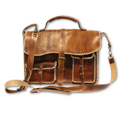Brown Pomeroon Executive Briefcase displayed with handle straps in front of the bag