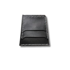 Black leather wallet featuring two external pockets made by Gy Crafts.