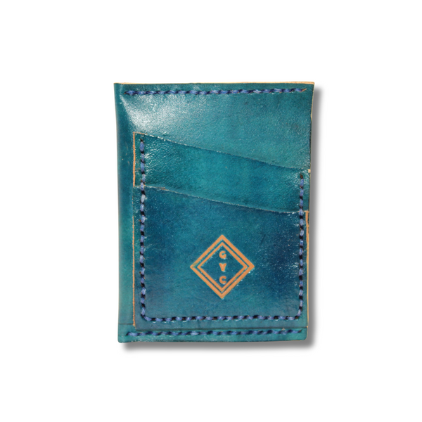 Blue leather wallet featuring two external pockets made by Gy Crafts.