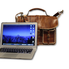 Brown Pomeroon Executive Briefcase displayed with Laptop in front of the bag.