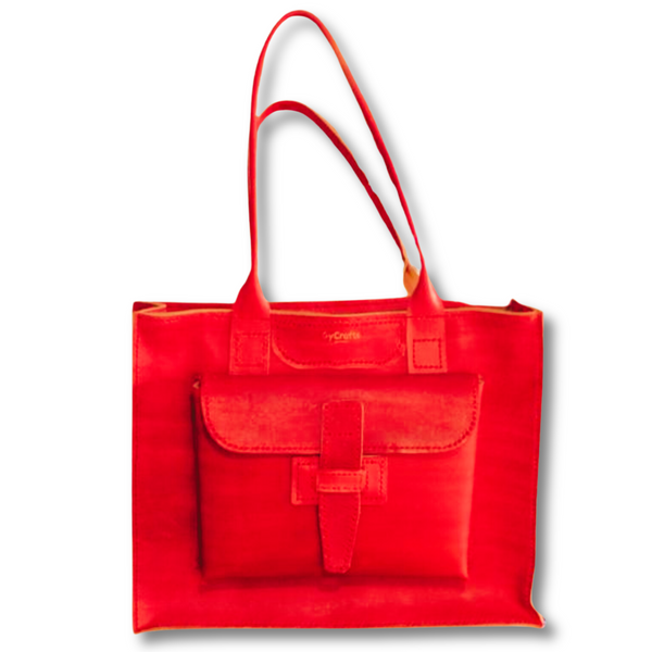 Red Bohemia tote bag featuring an external pocket, two straps and floating interior, made by Gy Crafts.