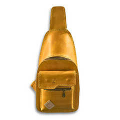 Yellow Moruca leather bag displayed on a white background featuring a strap, inner and outer pockets